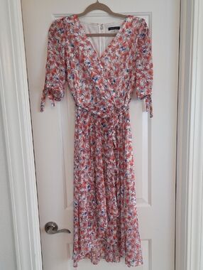 Tommy Hilfiger Coral & Blue Floral Wrap Midi Dress